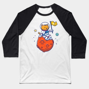 Cute Cat Astronaut Sitting On Moon With Flag Cartoon Baseball T-Shirt